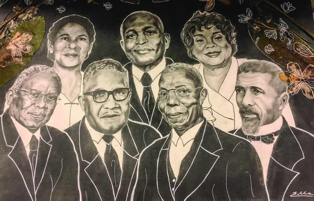 “Every Voice: A Portrait of African-American Churches of Christ,” created by Ella Kennin, hangs in the entrance of Harding School of Theology’s Meredith Restoration History Archive. Annie C. Tuggle, Marshall Keeble and Sylvia Rose are featured on the top row with Fred Gray, R.N. Hogan, G.P. Bowser and Samuel R. Cassius depicted on the bottom row.